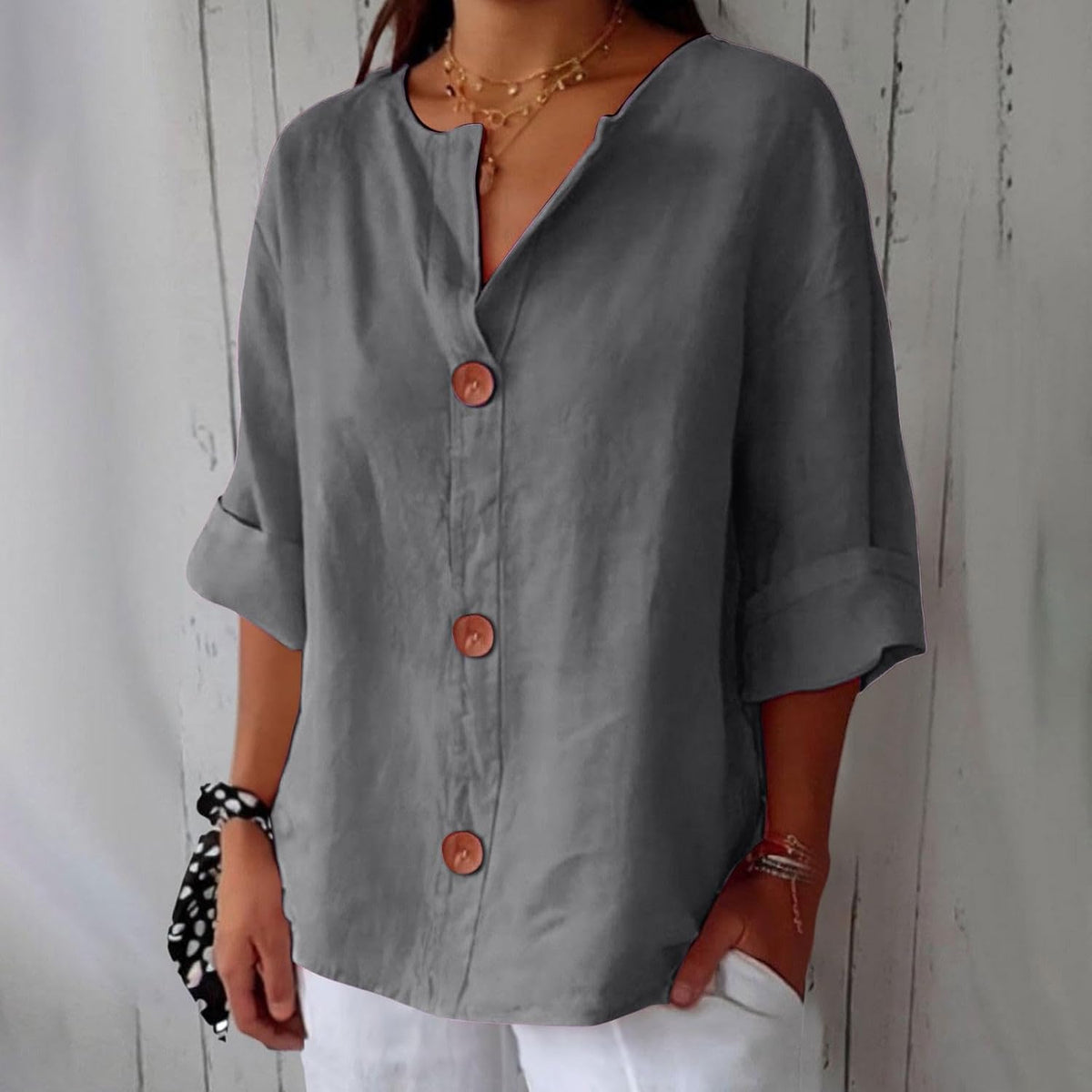 Dames Blouse Driekwart Mouw met V-hals en Knoopsluiting Grijs