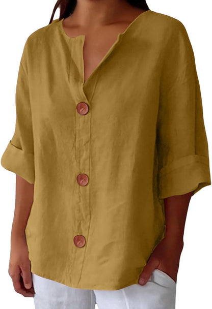 Dames Blouse Driekwart Mouw met V-hals en Knoopsluiting Geel