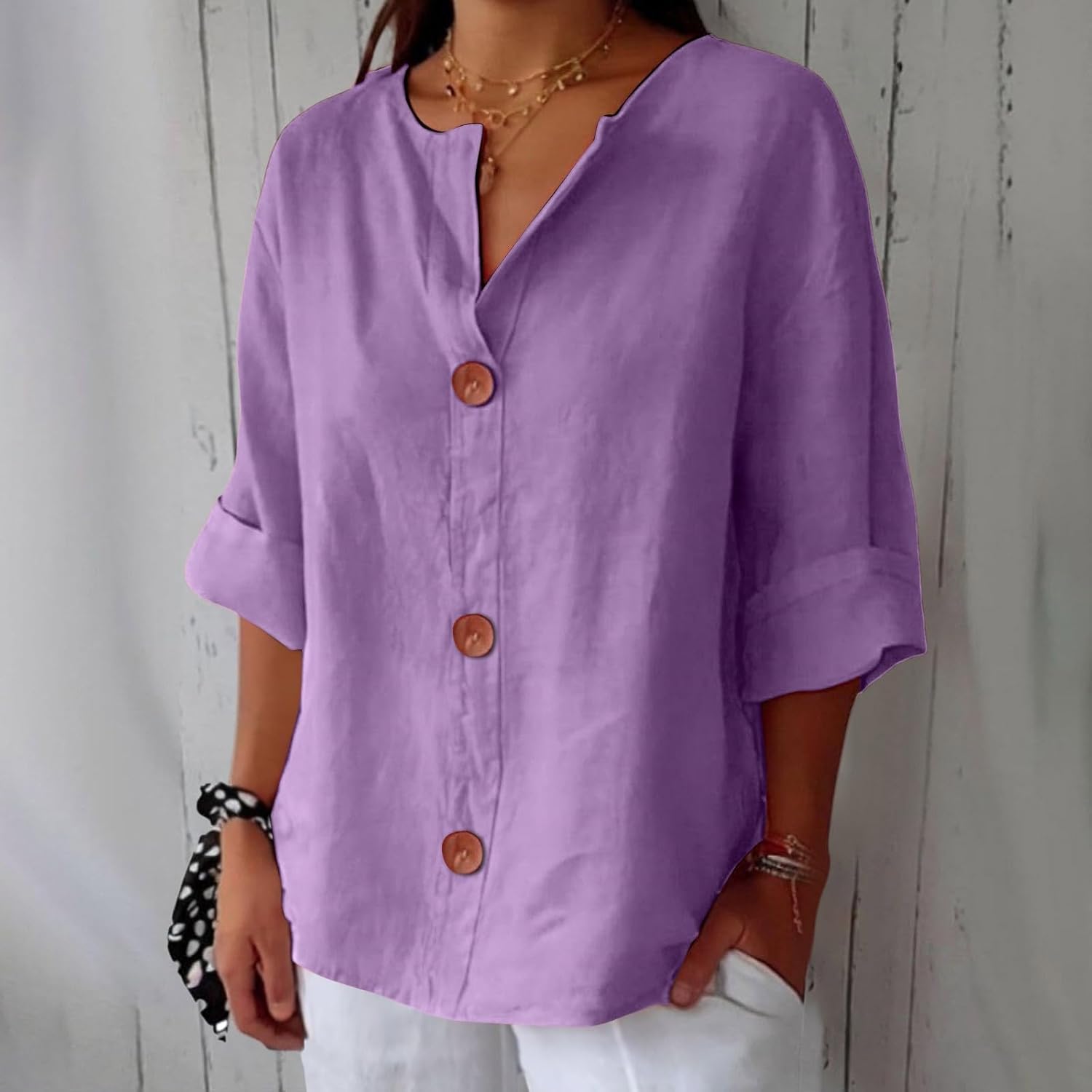 Dames Blouse Driekwart Mouw met V-hals en Knoopsluiting Lila