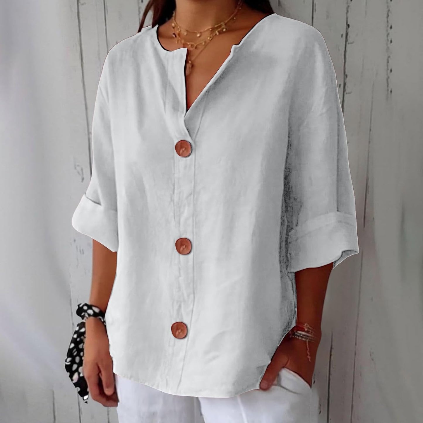 Dames Blouse Driekwart Mouw met V-hals en Knoopsluiting Wit