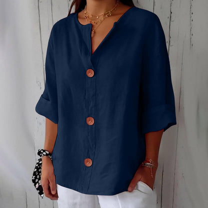 Dames Blouse Driekwart Mouw met V-hals en Knoopsluiting Blauw