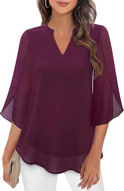 Dames Blouse Driekwart Mouw met V-hals en Wijd Uitlopende Mouwen Bordeauxrood