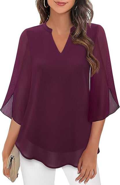 Dames Blouse Driekwart Mouw met V-hals en Wijd Uitlopende Mouwen Bordeauxrood