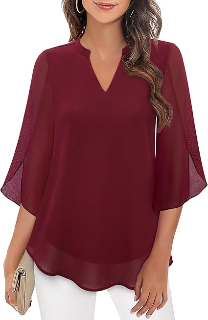 Dames Blouse Driekwart Mouw met V-hals en Wijd Uitlopende Mouwen Wijnrood