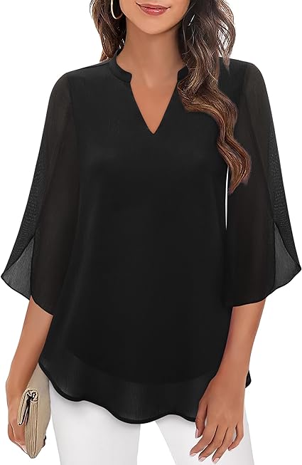 Dames Blouse Driekwart Mouw met V-hals en Wijd Uitlopende Mouwen Zwart