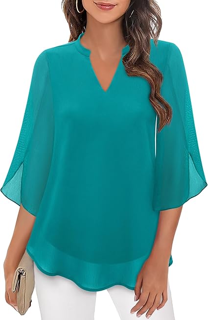 Dames Blouse Driekwart Mouw met V-hals en Wijd Uitlopende Mouwen Blauwgroen