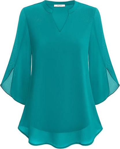 Dames Blouse Driekwart Mouw met V-hals en Wijd Uitlopende Mouwen