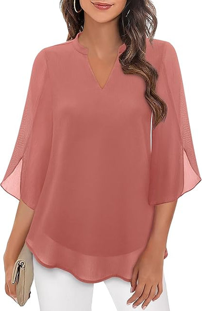Dames Blouse Driekwart Mouw met V-hals en Wijd Uitlopende Mouwen Roze