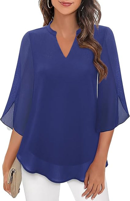 Dames Blouse Driekwart Mouw met V-hals en Wijd Uitlopende Mouwen Blauw
