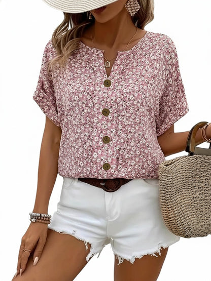 Dames Blouse Korte Mouw met Bloemenprint en Knoopsluiting