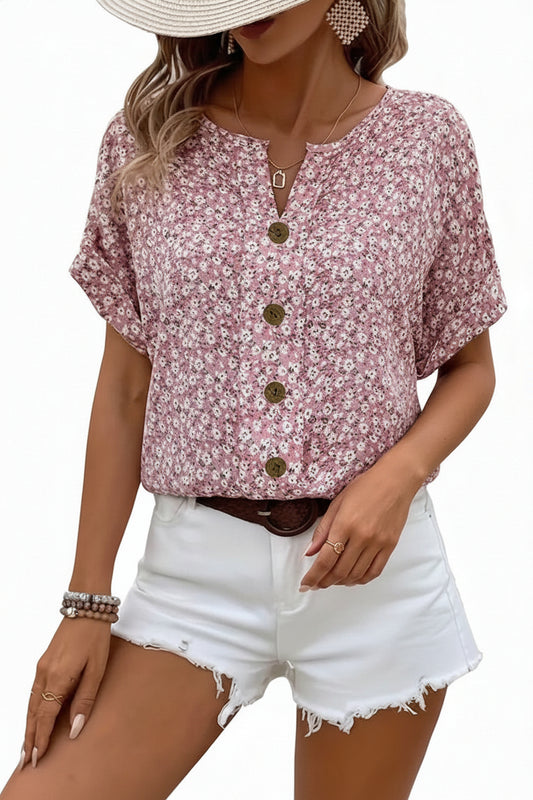 Dames Blouse Korte Mouw met Bloemenprint en Knoopsluiting