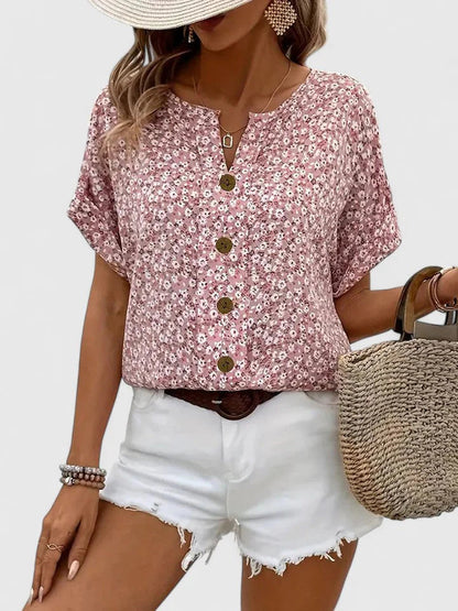 Dames Blouse Korte Mouw met Bloemenprint en Knoopsluiting