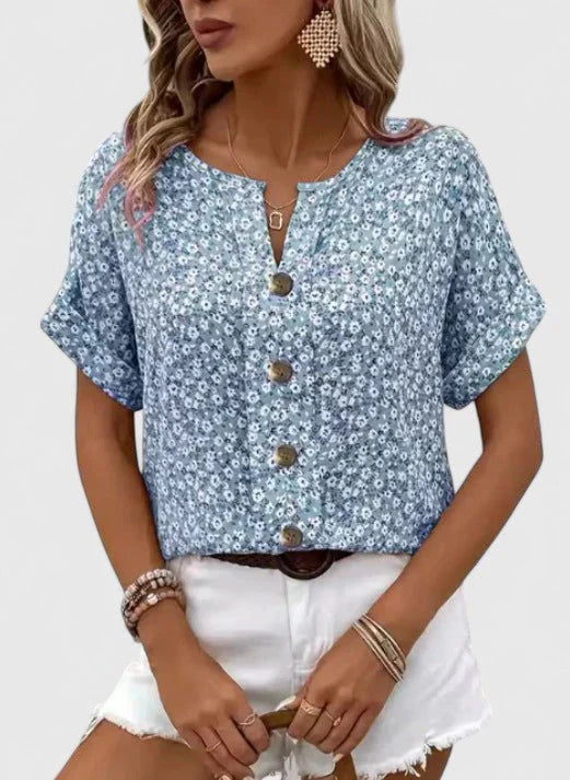 Dames Blouse Korte Mouw met Bloemenprint en Knoopsluiting