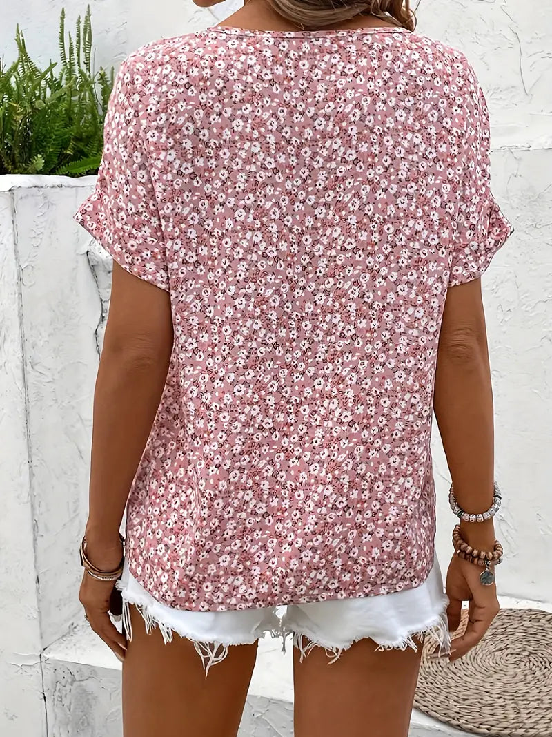 Dames Blouse Korte Mouw met Bloemenprint en Knoopsluiting