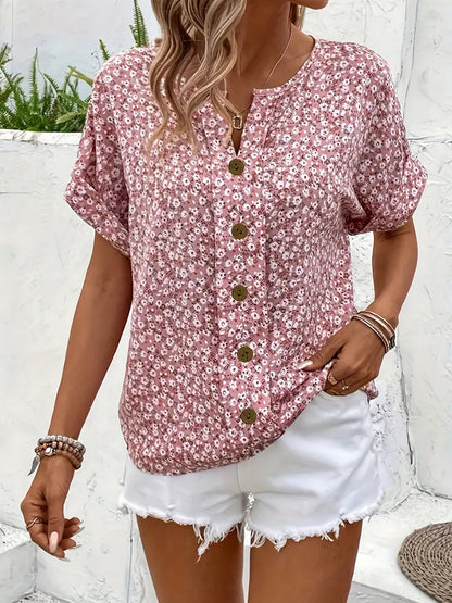Dames Blouse Korte Mouw met Bloemenprint en Knoopsluiting