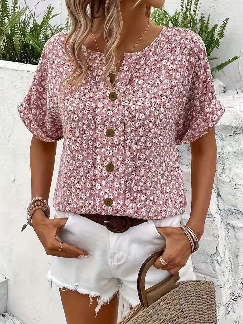 Dames Blouse Korte Mouw met Bloemenprint en Knoopsluiting