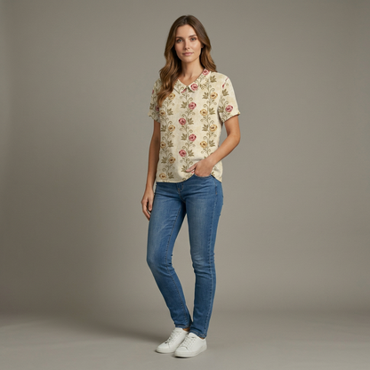 Dames Blouse Korte Mouw met Bloemenprint en Kraag