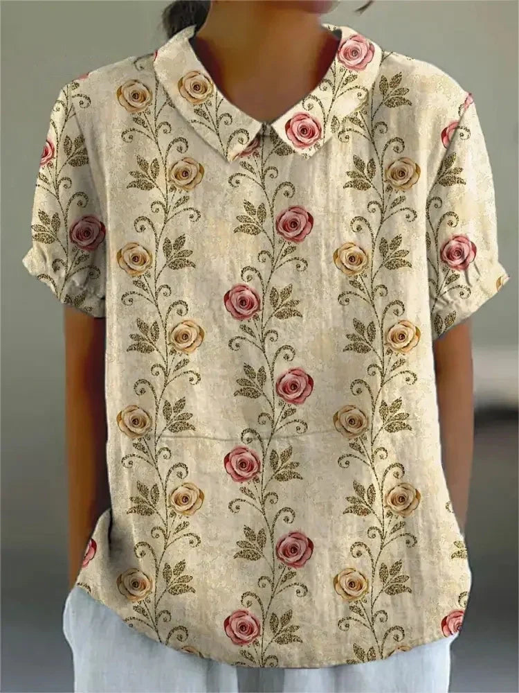 Dames Blouse Korte Mouw met Bloemenprint en Kraag Khaki