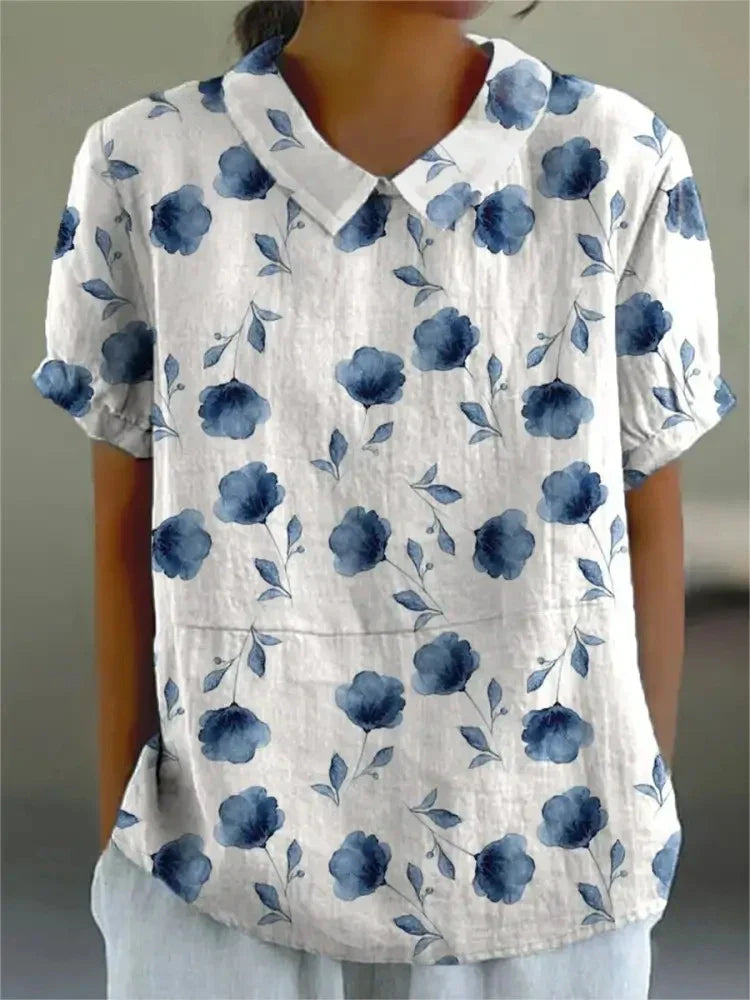 Dames Blouse Korte Mouw met Bloemenprint en Kraag Wit Blauw