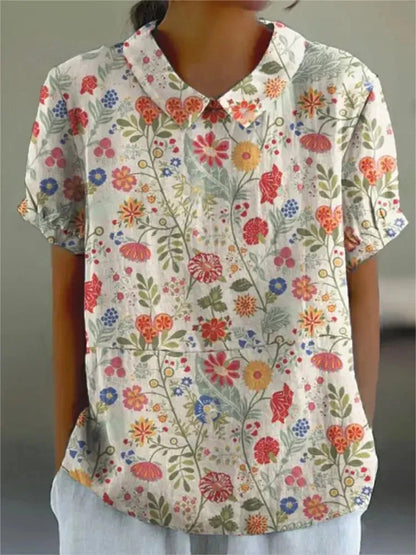 Dames Blouse Korte Mouw met Bloemenprint en Kraag Geel
