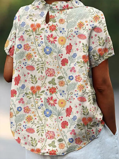 Dames Blouse Korte Mouw met Bloemenprint en Kraag