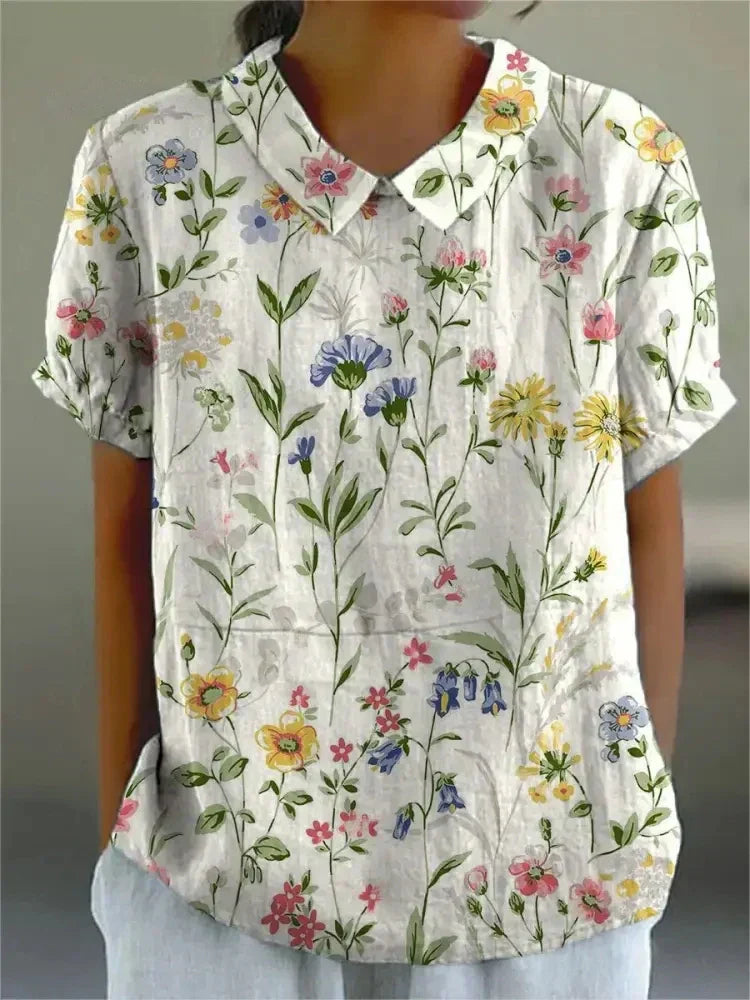 Dames Blouse Korte Mouw met Bloemenprint en Kraag Wit Kleurrijk
