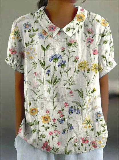 Dames Blouse Korte Mouw met Bloemenprint en Kraag Wit Kleurrijk
