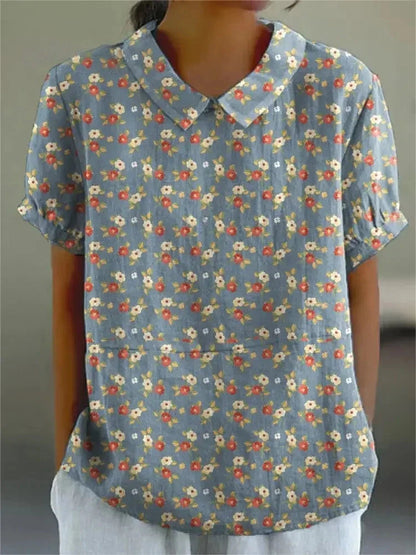 Dames Blouse Korte Mouw met Bloemenprint en Kraag Blauw