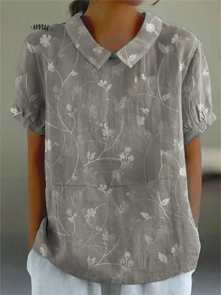 Dames Blouse Korte Mouw met Bloemenprint en Kraag Grijs