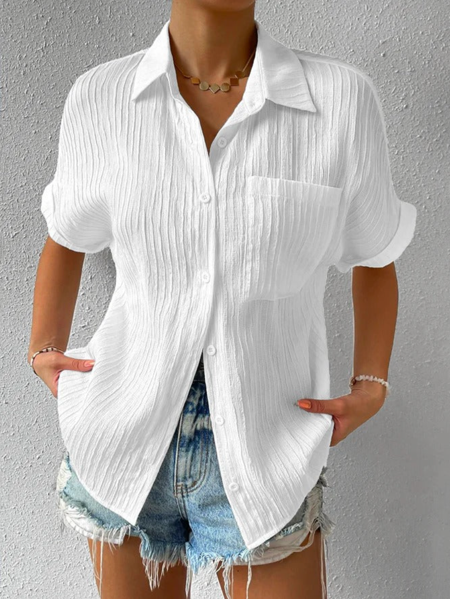 Dames Blouse Korte Mouw met Knoopsluiting en Oversized Fit Wit