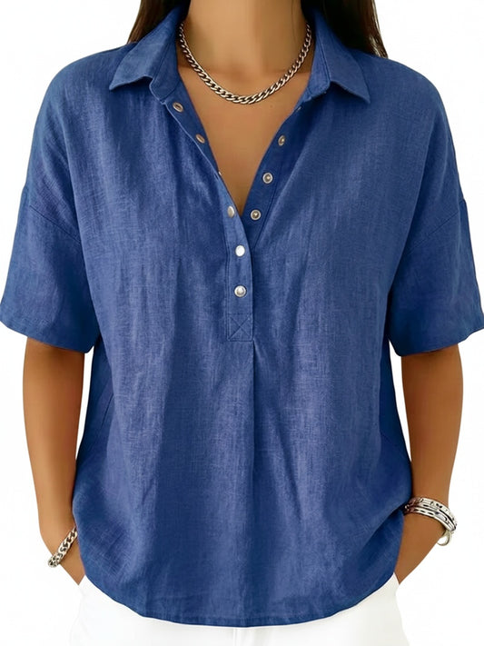 Dames Blouse Korte Mouw met Kraag en Knoopdetail