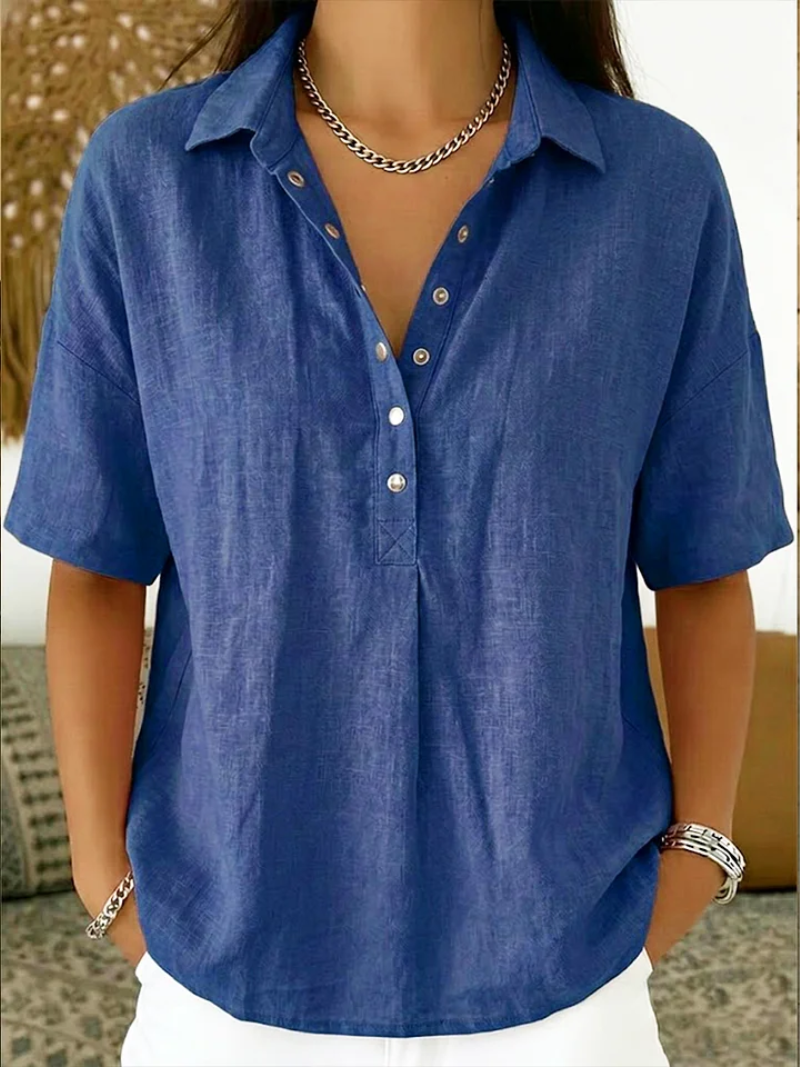 Dames Blouse Korte Mouw met Kraag en Knoopdetail Blauw