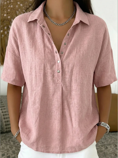 Dames Blouse Korte Mouw met Kraag en Knoopdetail Roze