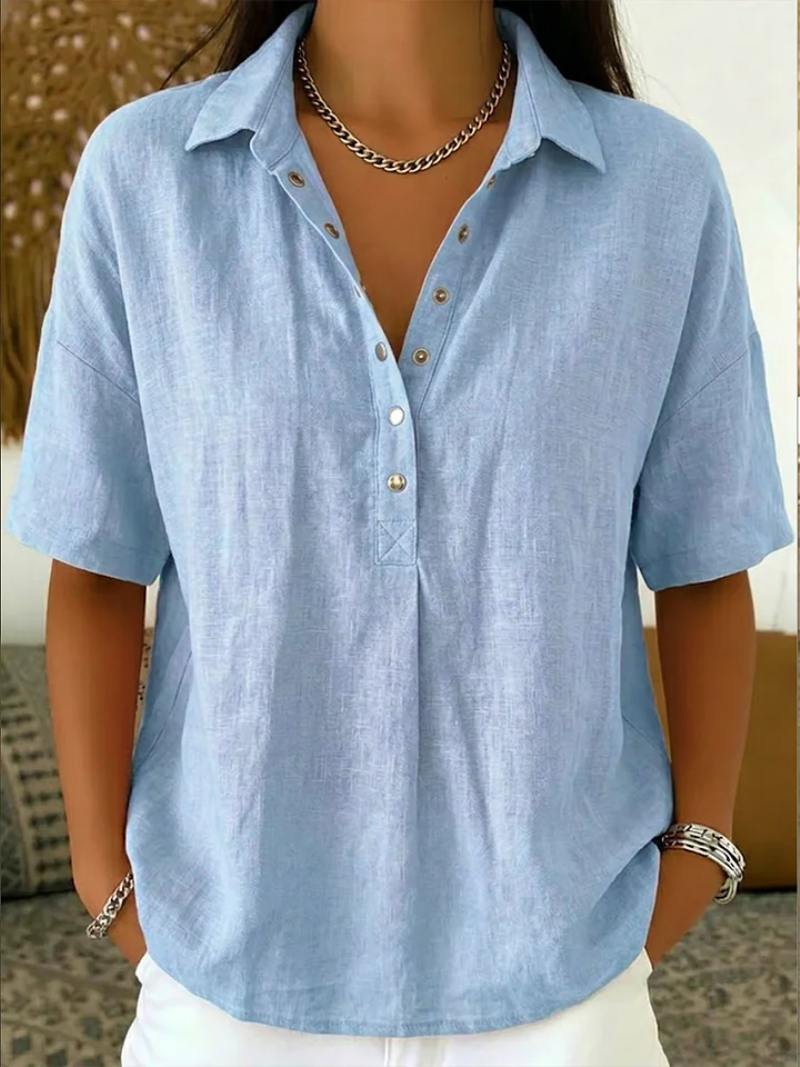Dames Blouse Korte Mouw met Kraag en Knoopdetail Lichtblauw