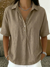 Dames Blouse Korte Mouw met Kraag en Knoopdetail