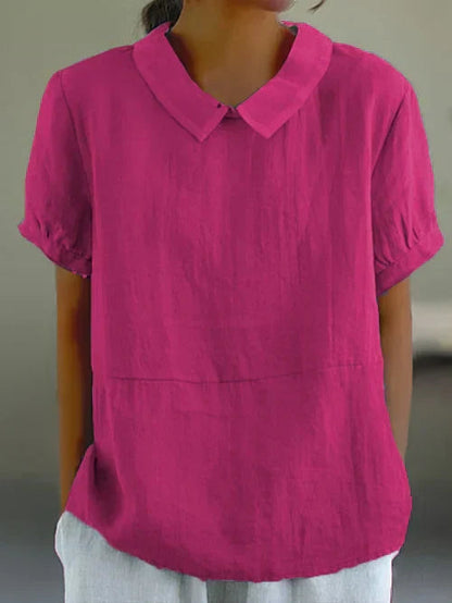 Dames Blouse Korte Mouw met Kraag en Relaxed Fit Donkerroze