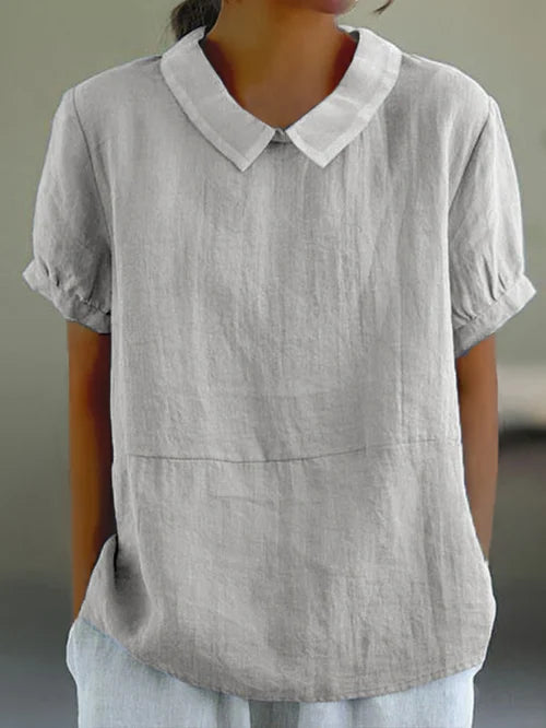 Dames Blouse Korte Mouw met Kraag en Relaxed Fit Lichtgrijs