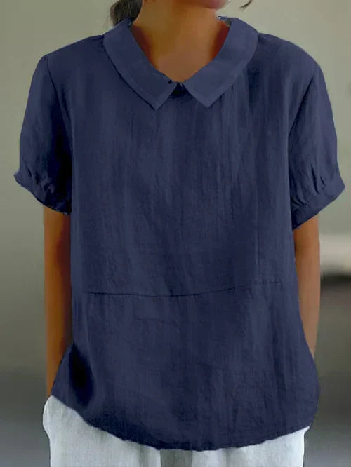 Dames Blouse Korte Mouw met Kraag en Relaxed Fit Marineblauw