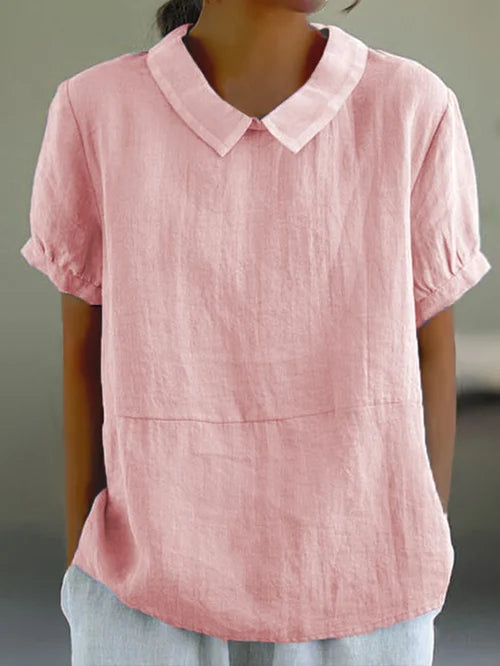 Dames Blouse Korte Mouw met Kraag en Relaxed Fit Lichtroze