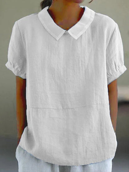 Dames Blouse Korte Mouw met Kraag en Relaxed Fit Wit