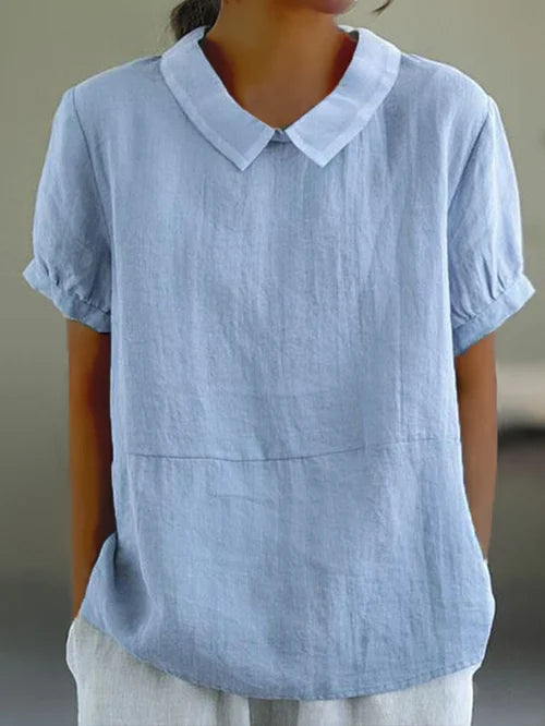 Dames Blouse Korte Mouw met Kraag en Relaxed Fit Blauw