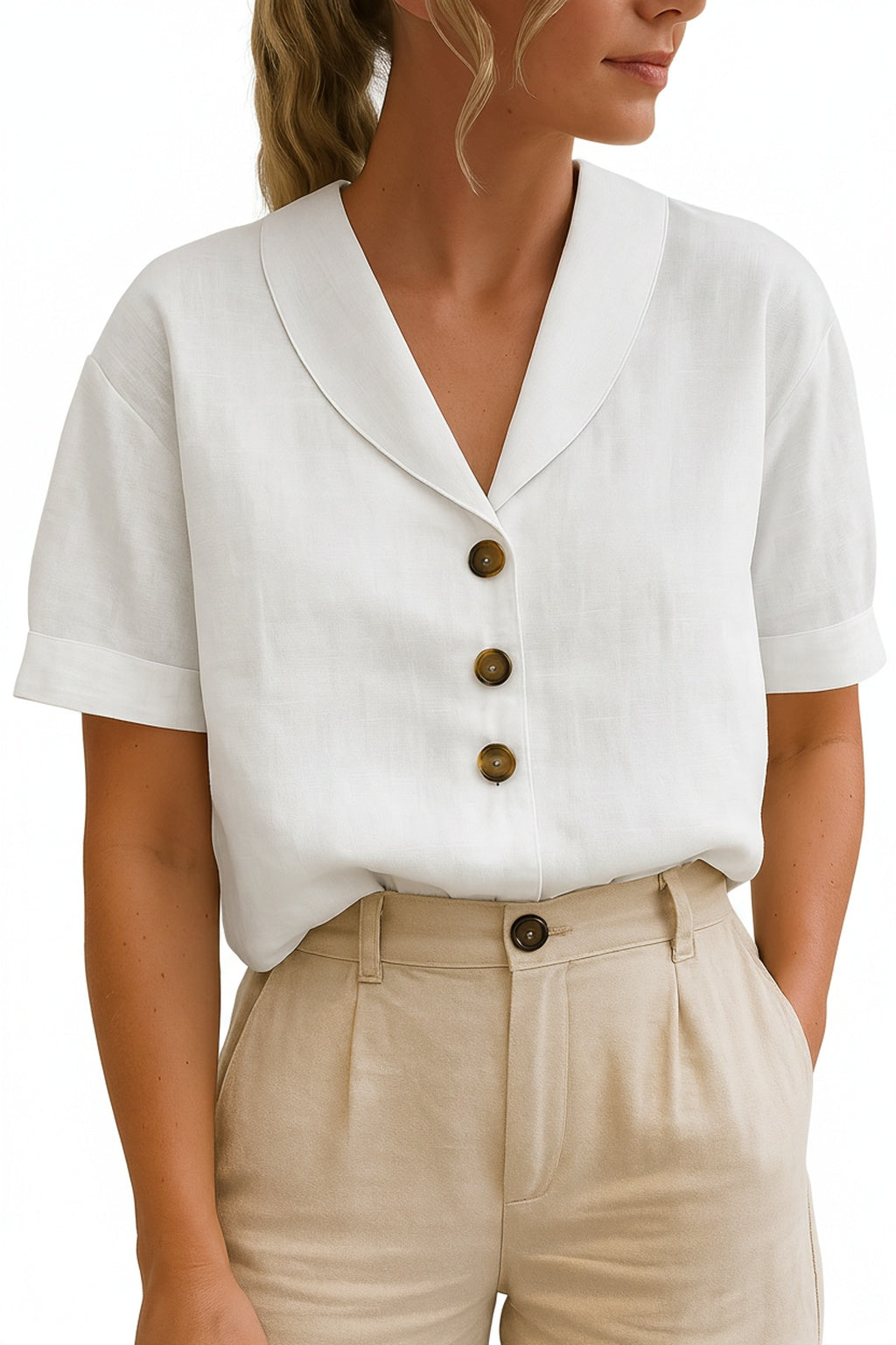 Dames Blouse Korte Mouw met Sjaalkraag en Knoopsluiting