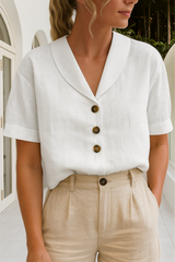 Dames Blouse Korte Mouw met Sjaalkraag en Knoopsluiting