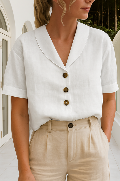 Dames Blouse Korte Mouw met Sjaalkraag en Knoopsluiting