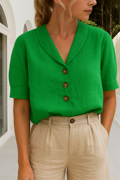 Dames Blouse Korte Mouw met Sjaalkraag en Knoopsluiting