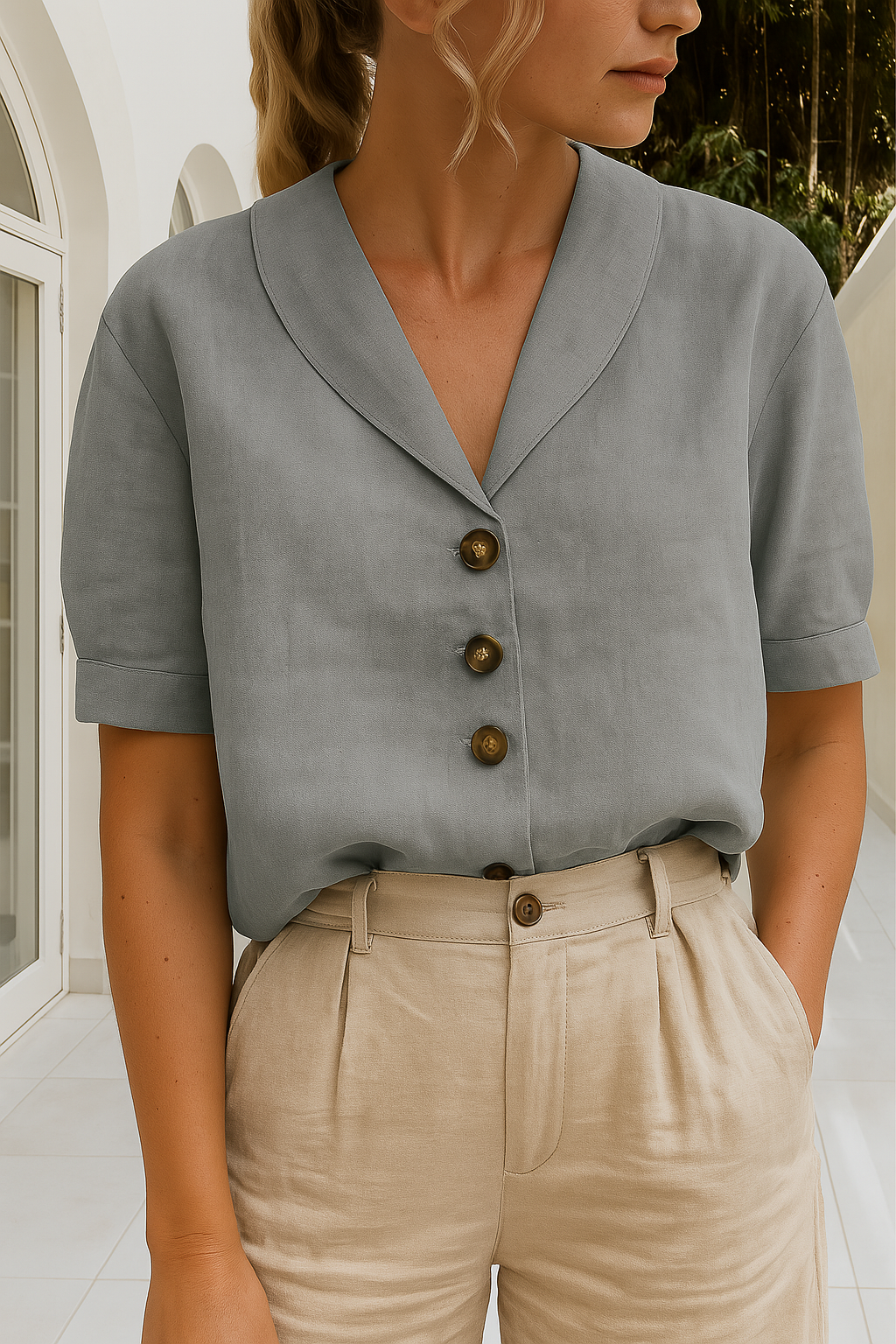 Dames Blouse Korte Mouw met Sjaalkraag en Knoopsluiting