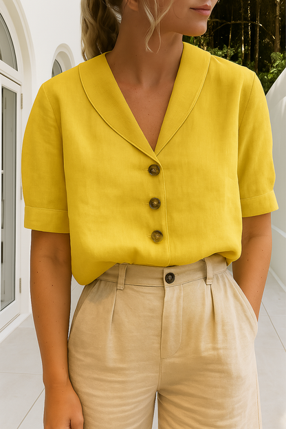 Dames Blouse Korte Mouw met Sjaalkraag en Knoopsluiting