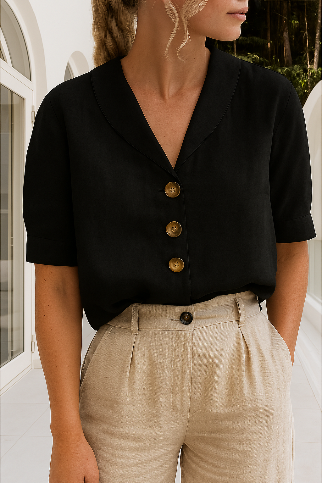 Dames Blouse Korte Mouw met Sjaalkraag en Knoopsluiting