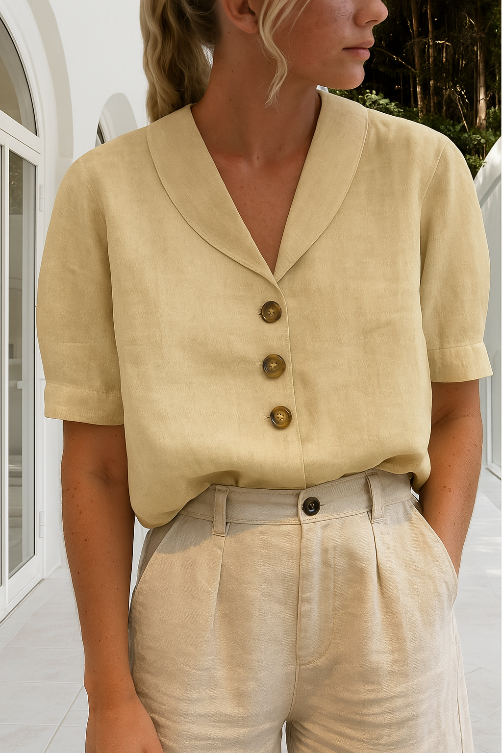 Dames Blouse Korte Mouw met Sjaalkraag en Knoopsluiting