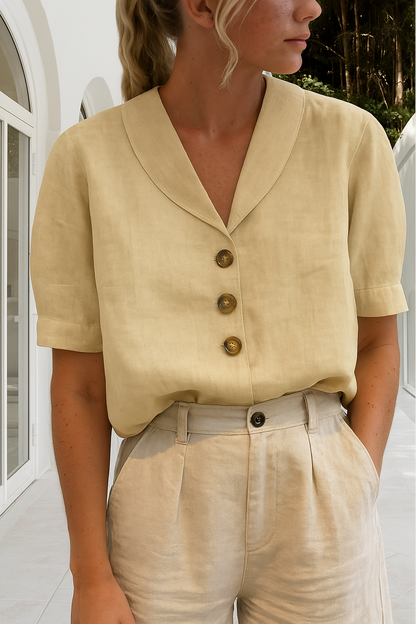 Dames Blouse Korte Mouw met Sjaalkraag en Knoopsluiting